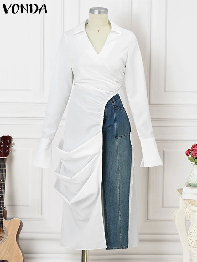 Plus Size 5XL VONDA Women Irregular Blouse 2024 Fashion Tops Causal Pleated Split Shirts Lapel Collar Long Sleeve Blusas