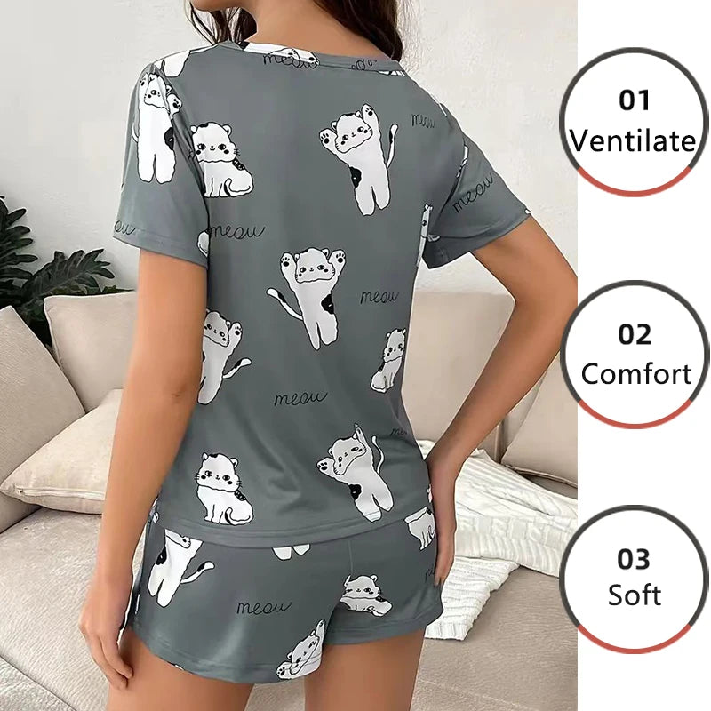 Women Pajamas Sleepwear Pajama Set Nightgowns Short Sleeve And Shorts Suit Casual Comfortable