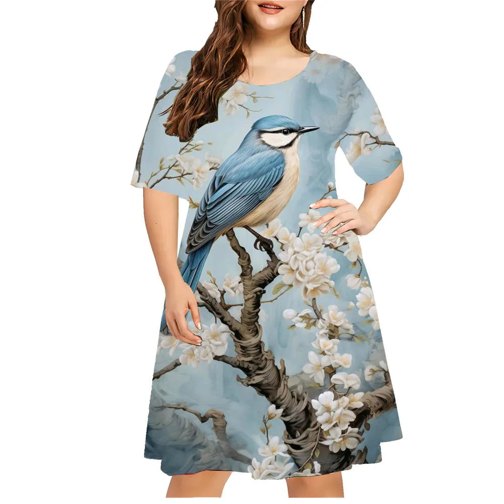 Animal Magpie 3D Printed Women Dresses Vintage Floral Short Sleeve Loose Plus Size Dress Casual Retro O-Neck Ladies Clothing 9XL