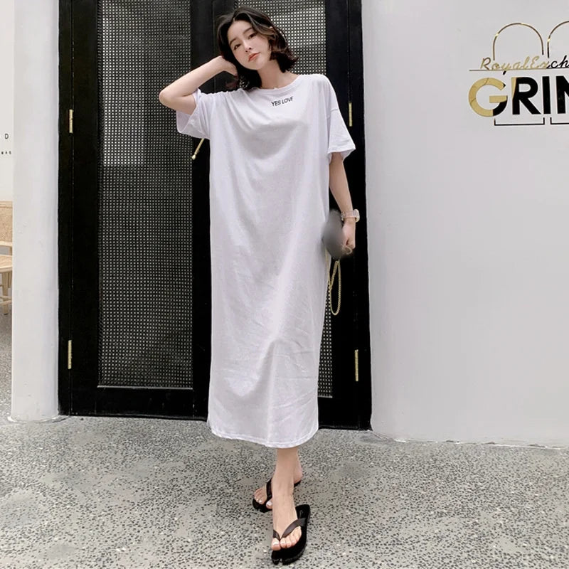 Summer Casual Plus Size T-shirt Dress Solid Color Side Slit Long Dresses for Women Loose Korean Female Clothing Homewear New
