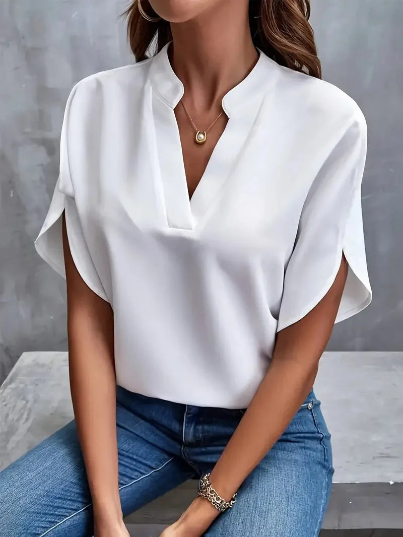 Women's solid color short sleeved top 2024 fashionable summer white casual temperament elegant style V-neck loose top for women