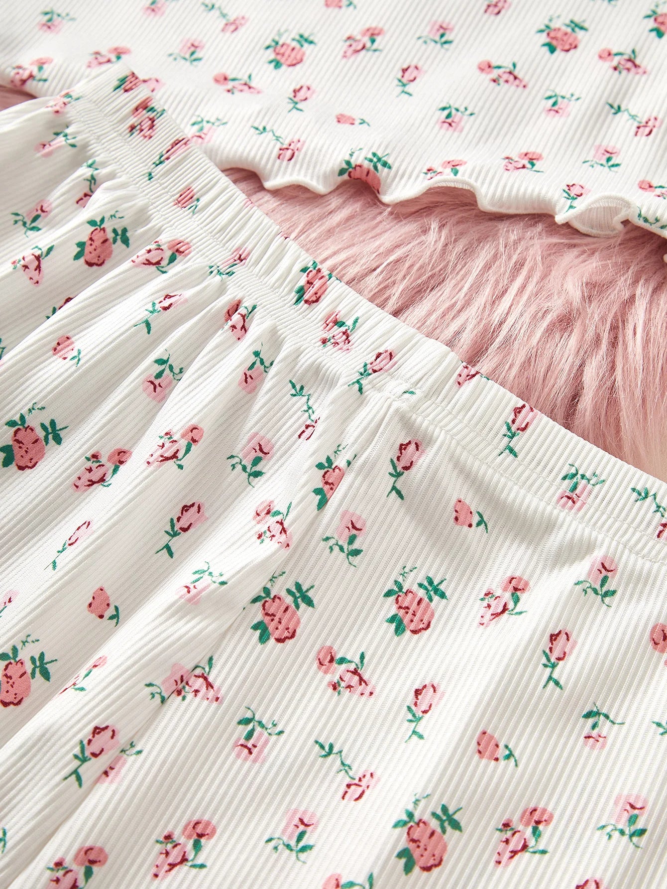 Women's Sleepwear Ditsy Floral Print Lettuce Trim PaJamas Set Elastic Waistband Loungewear Full Sleeve Nightwear