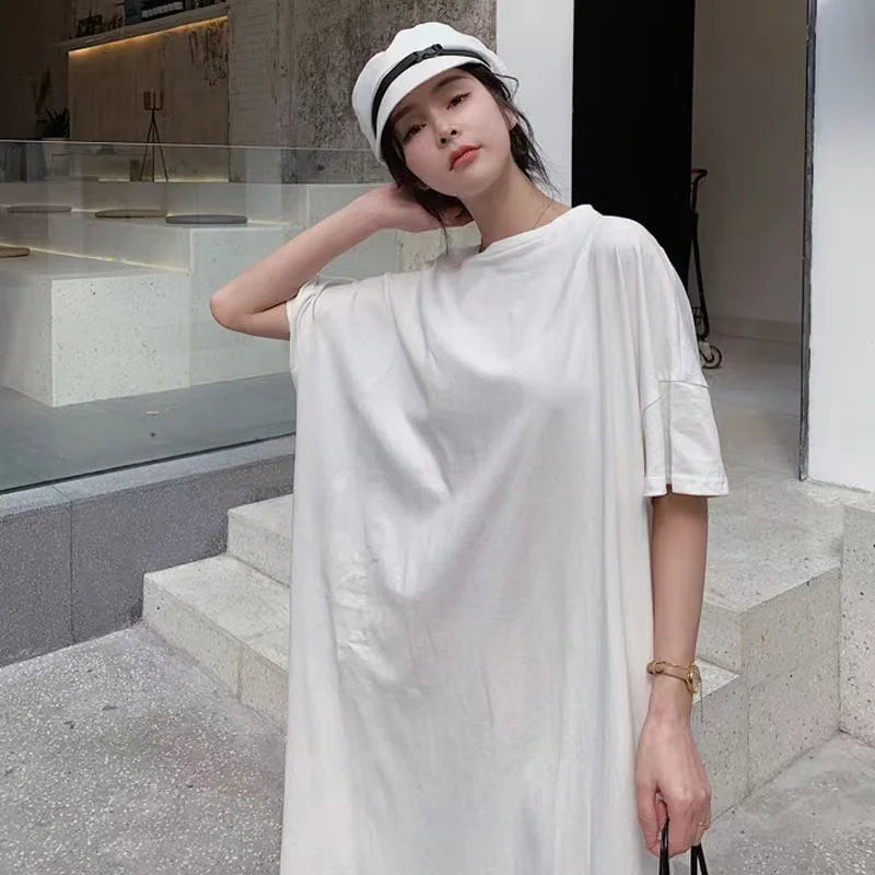Summer Casual Plus Size T-shirt Dress Solid Color Side Slit Long Dresses for Women Loose Korean Female Clothing Homewear New