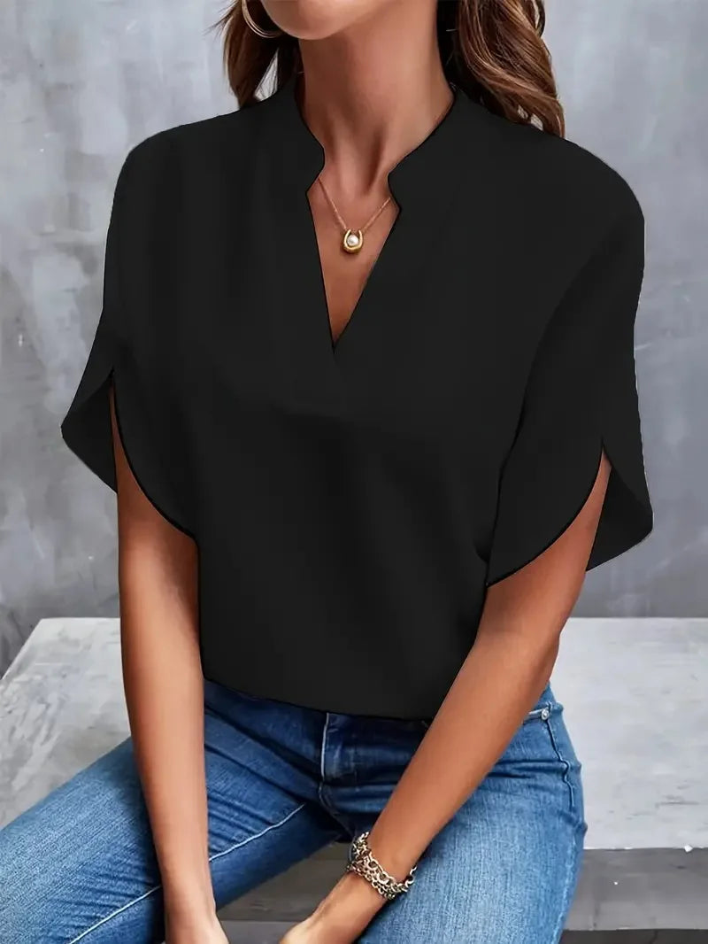 Women's solid color short sleeved top 2024 fashionable summer white casual temperament elegant style V-neck loose top for women
