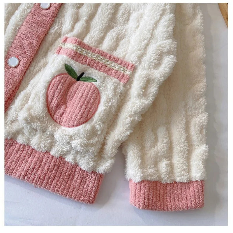 Thickened Warm Sleepwear Pink Peach Coral Velvet Women Homewear Suit Autumn and Winter Ladies Cardigan Two-Piece Set Nightwear