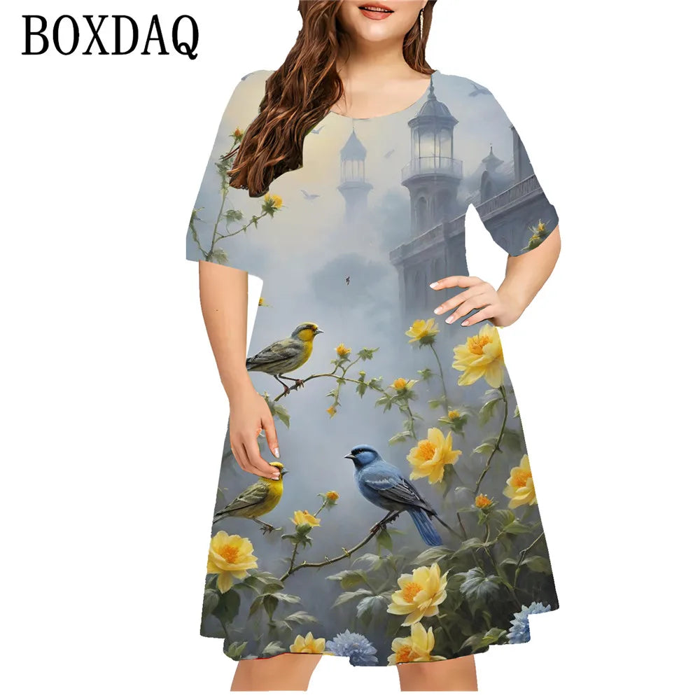 Animal Magpie 3D Printed Women Dresses Vintage Floral Short Sleeve Loose Plus Size Dress Casual Retro O-Neck Ladies Clothing 9XL