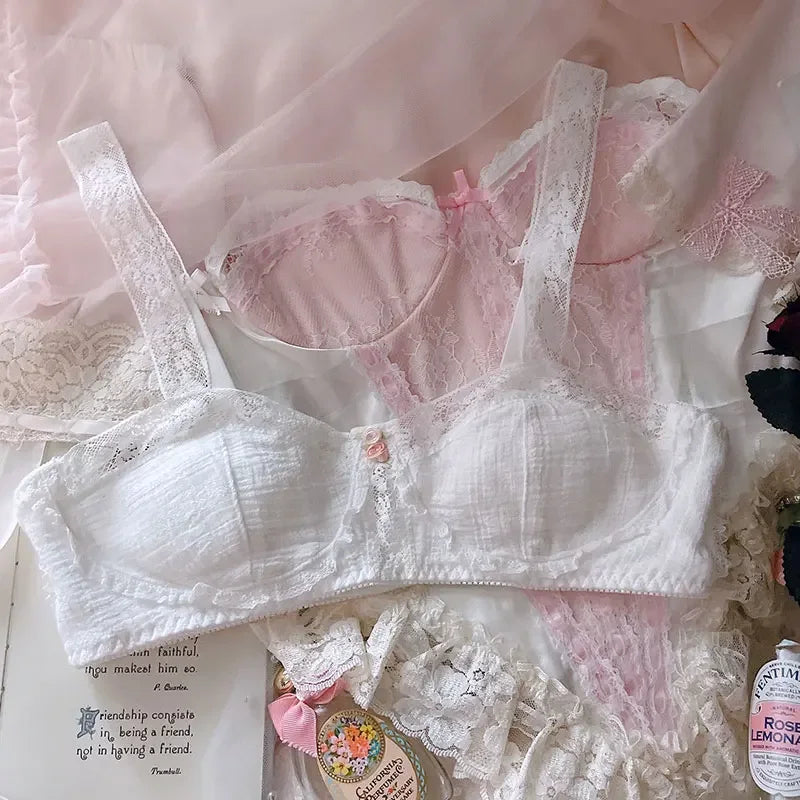 French Underwear Thin White Cotton Lace Small Chest Retro Steel-free Flat Bra Set Bra for Women