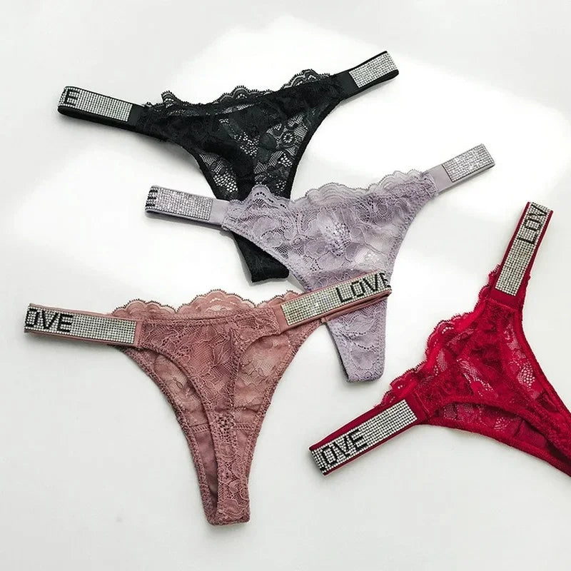 2024 New Lace G-string Thread Cotton Thong Diamond Women's Underwear Solid Color Breathable Waist Size Girls Briefs Plus Women