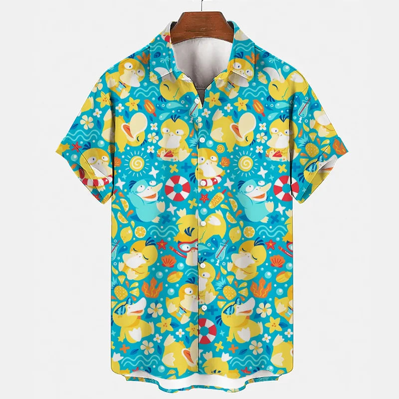 Anime Pokemon Pikachu Gengar Snorlax Floral Shirts Men Women Shorts Short Sleeves Button Couple Pajamas Set Trendy Beach Coat