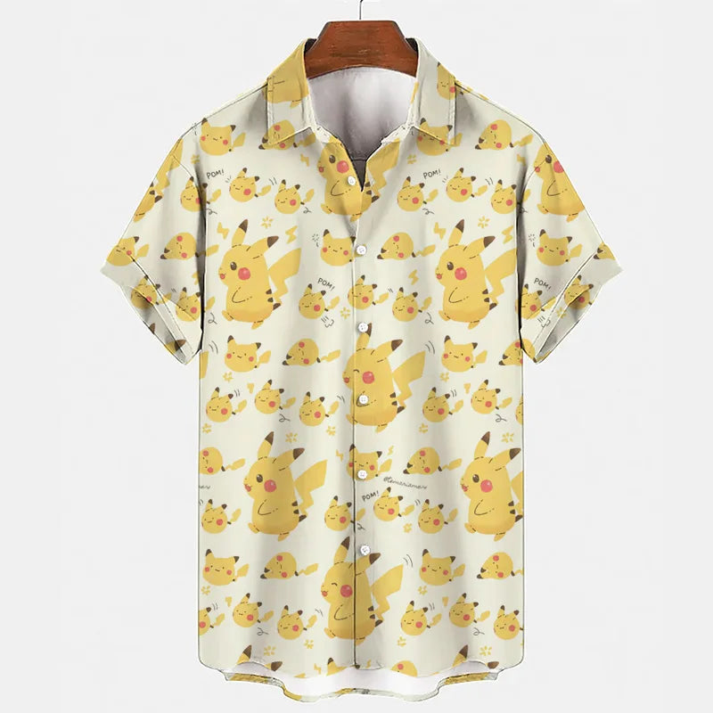 Anime Pokemon Pikachu Gengar Snorlax Floral Shirts Men Women Shorts Short Sleeves Button Couple Pajamas Set Trendy Beach Coat