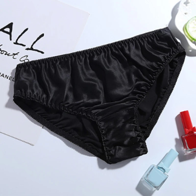 Women Silk-like Satin Panties Bikini Underwear Breathable Solid Color Briefs Comfortable Soft Women Lady Daily Women Panties