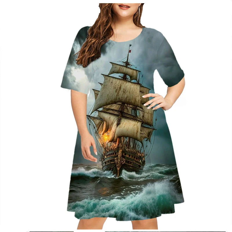 2023 Summer Vintage Ship Scenery Dress Women Short Sleeve Loose Casual Dresses Plus Size Female Clothing 6XL Sundress Vestidos