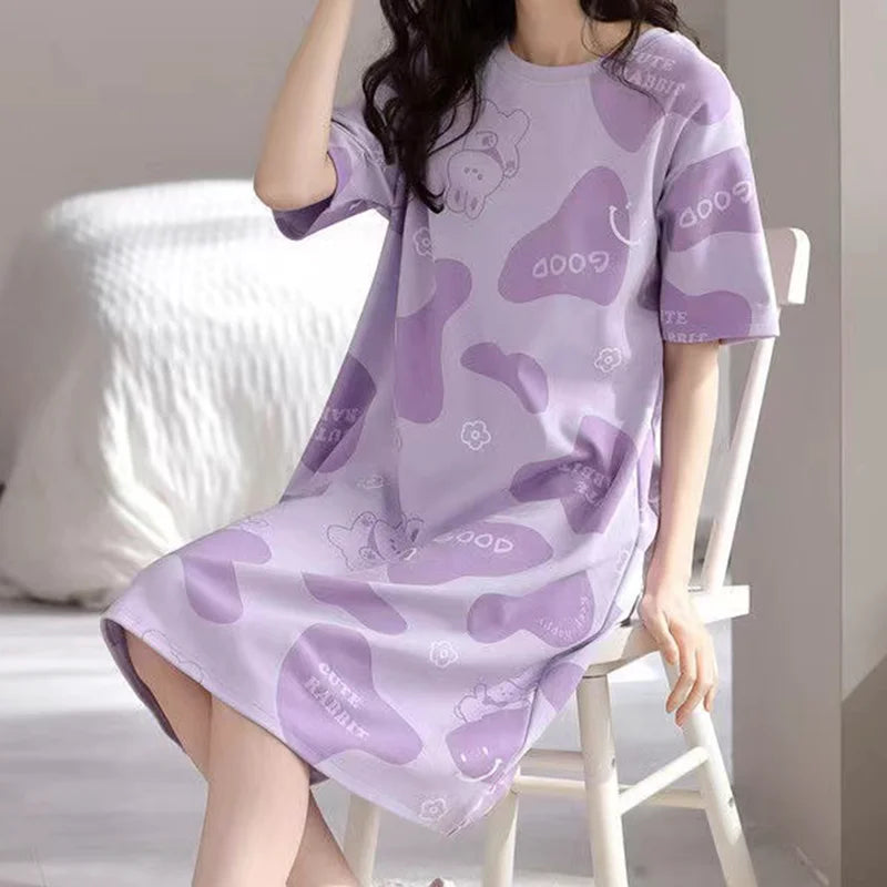 Plus Size Milk Silk Women Nightgowns L-5XL Short Sleeves Sleepshirt Casual Nightdress Cartoon Sleepwear Woman Leisure Lingerie