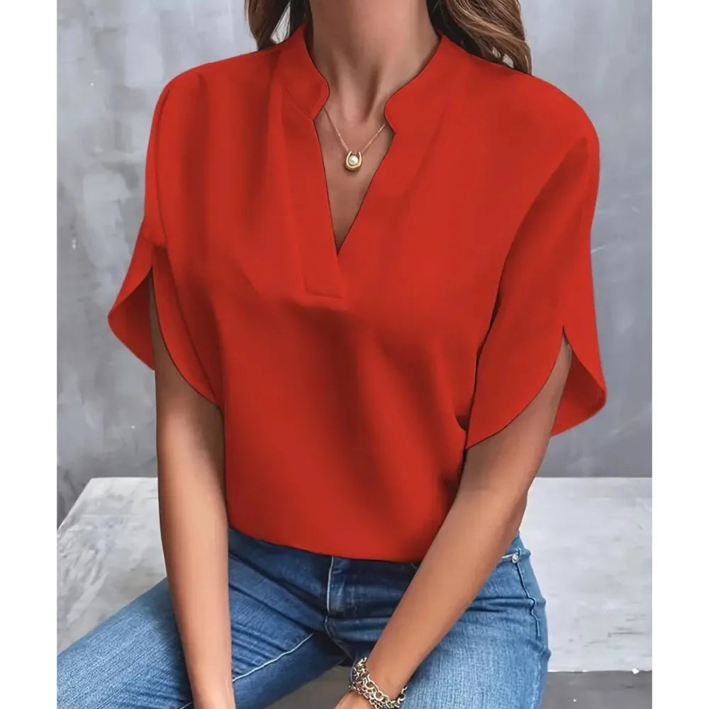 Women's solid color short sleeved top 2024 fashionable summer white casual temperament elegant style V-neck loose top for women