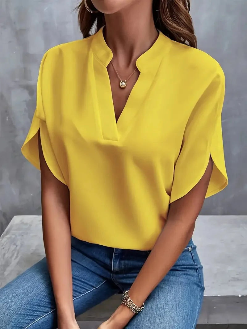 Women's solid color short sleeved top 2024 fashionable summer white casual temperament elegant style V-neck loose top for women