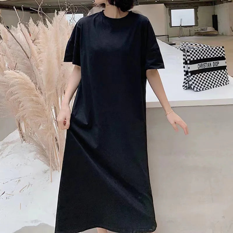 Summer Casual Plus Size T-shirt Dress Solid Color Side Slit Long Dresses for Women Loose Korean Female Clothing Homewear New