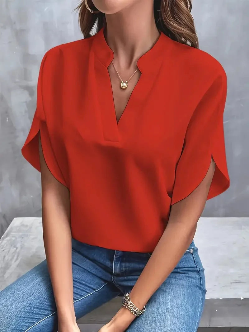 Women's solid color short sleeved top 2024 fashionable summer white casual temperament elegant style V-neck loose top for women