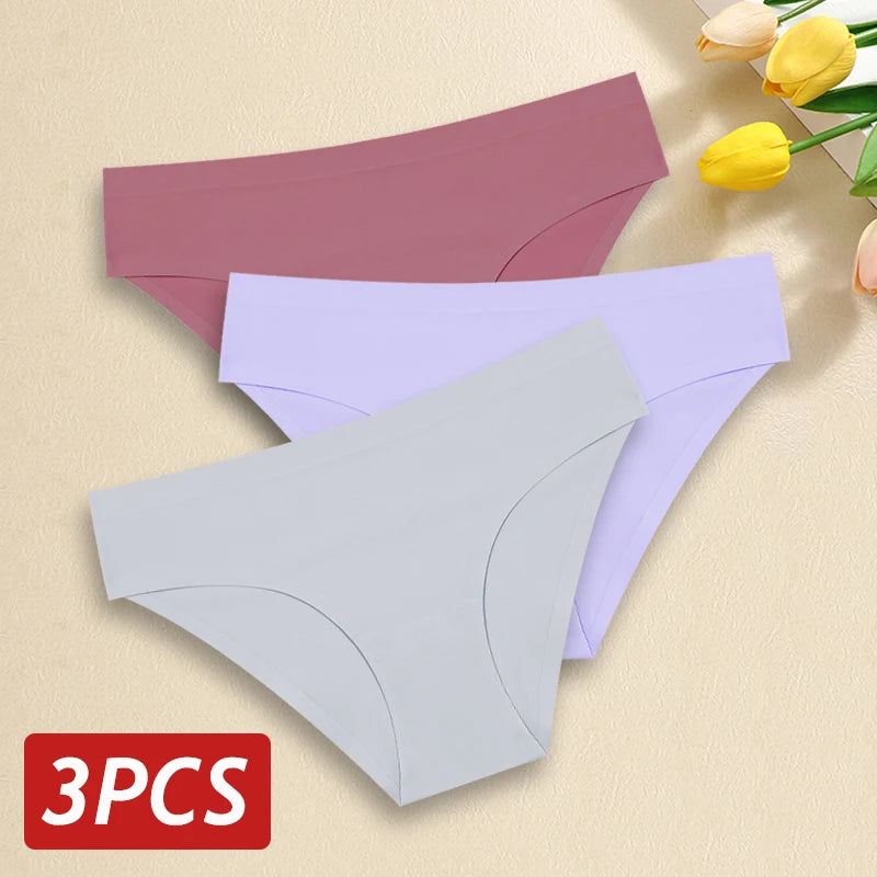 3PCS/Set Seamless Pantie For Women Low Rise Briefs 9 Solid Colors Ultra Thin Underwear Ice Silk Breathable Underpants Female