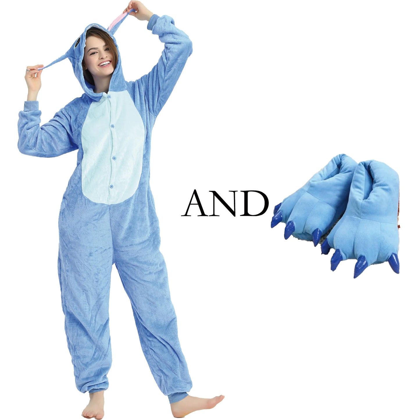 Adults Stich Cosplay Pajamas Anime Stitch Onesies Costume Jumpsuit Pajamas Hooded Sleepwear Halloween One Piece for Performing