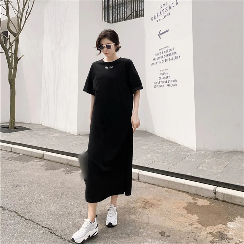 Summer Casual Plus Size T-shirt Dress Solid Color Side Slit Long Dresses for Women Loose Korean Female Clothing Homewear New