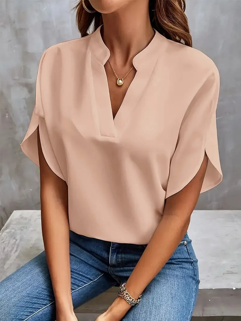 Women's solid color short sleeved top 2024 fashionable summer white casual temperament elegant style V-neck loose top for women