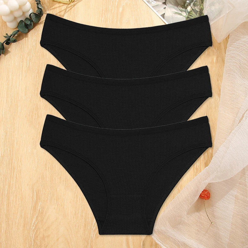 3Pcs Women Waffle Cotton Panties Low-Rise Comfortable
