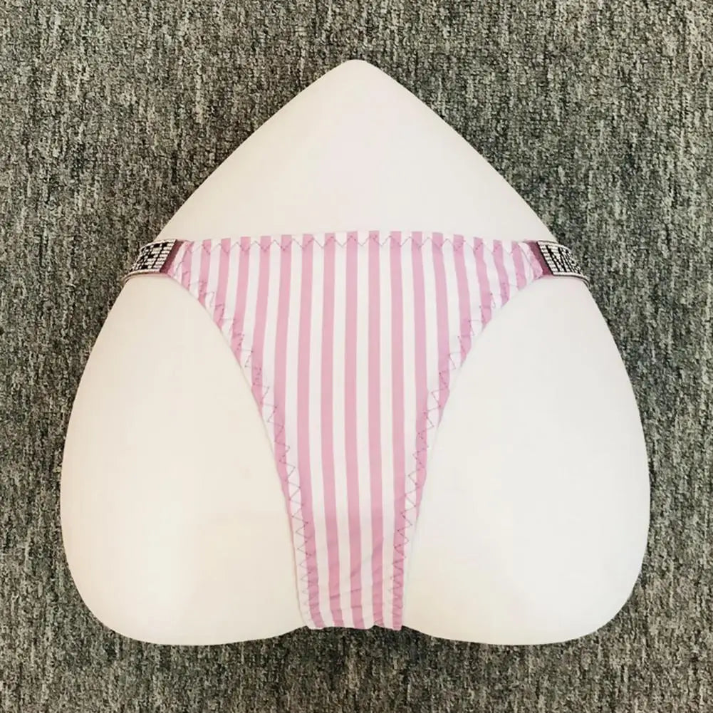 G-string Panties Rhinestone Letter Decor for Women Low Waist Striped Print Plus Size Butt-lifted Thong Lady G-string Underpants