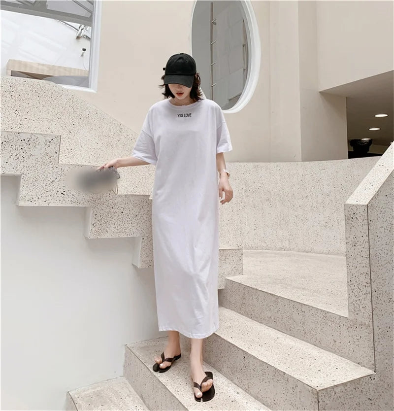 Summer Casual Plus Size T-shirt Dress Solid Color Side Slit Long Dresses for Women Loose Korean Female Clothing Homewear New