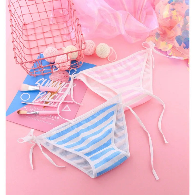 Adorable Kawaii Blue Pink and White Striped Panties Premium Cotton Briefs for Women Cos Lolita Maid Bandage Underwear Lingerie