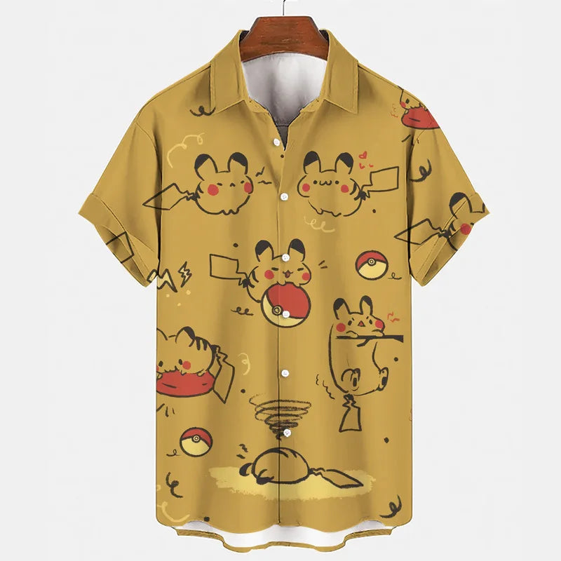 Anime Pokemon Pikachu Gengar Snorlax Floral Shirts Men Women Shorts Short Sleeves Button Couple Pajamas Set Trendy Beach Coat