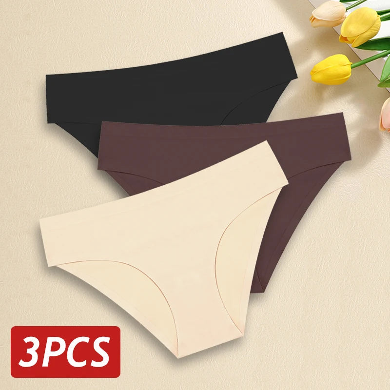 3PCS/Set Seamless Pantie For Women Low Rise Briefs 9 Solid Colors Ultra Thin Underwear Ice Silk Breathable Underpants Female