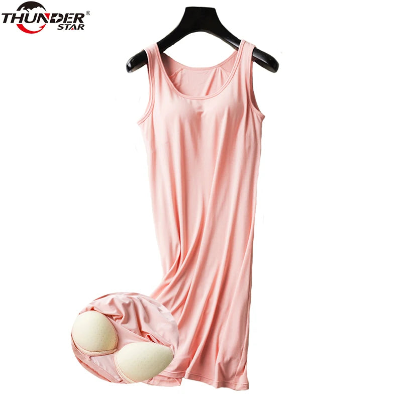 Womens Nightgown Built-in Shelf Bra Chemise Modal Night Dress Sleeveless Solid Lounge Nightdress Female Sleepwear Home Clothes