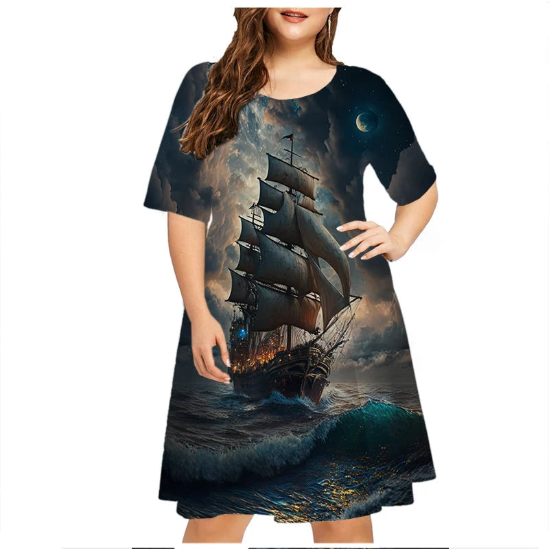 2023 Summer Vintage Ship Scenery Dress Women Short Sleeve Loose Casual Dresses Plus Size Female Clothing 6XL Sundress Vestidos