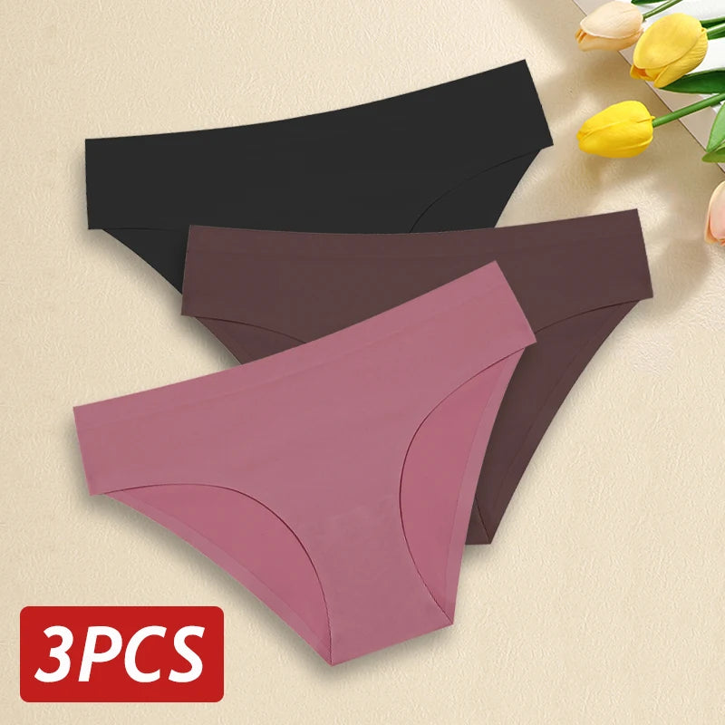 3PCS/Set Seamless Pantie For Women Low Rise Briefs 9 Solid Colors Ultra Thin Underwear Ice Silk Breathable Underpants Female