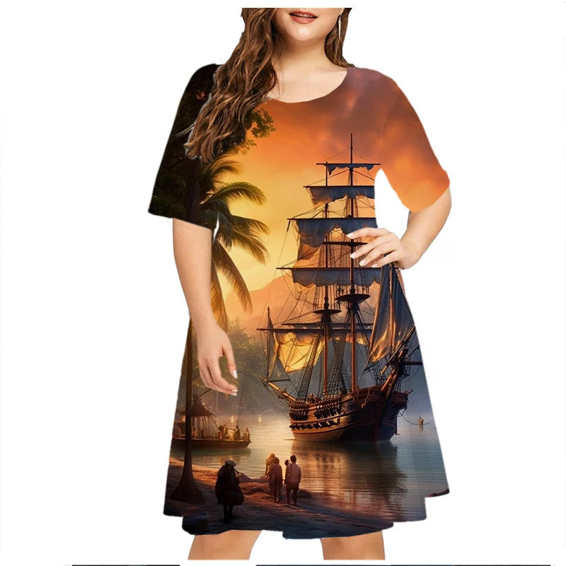 2023 Summer Vintage Ship Scenery Dress Women Short Sleeve Loose Casual Dresses Plus Size Female Clothing 6XL Sundress Vestidos