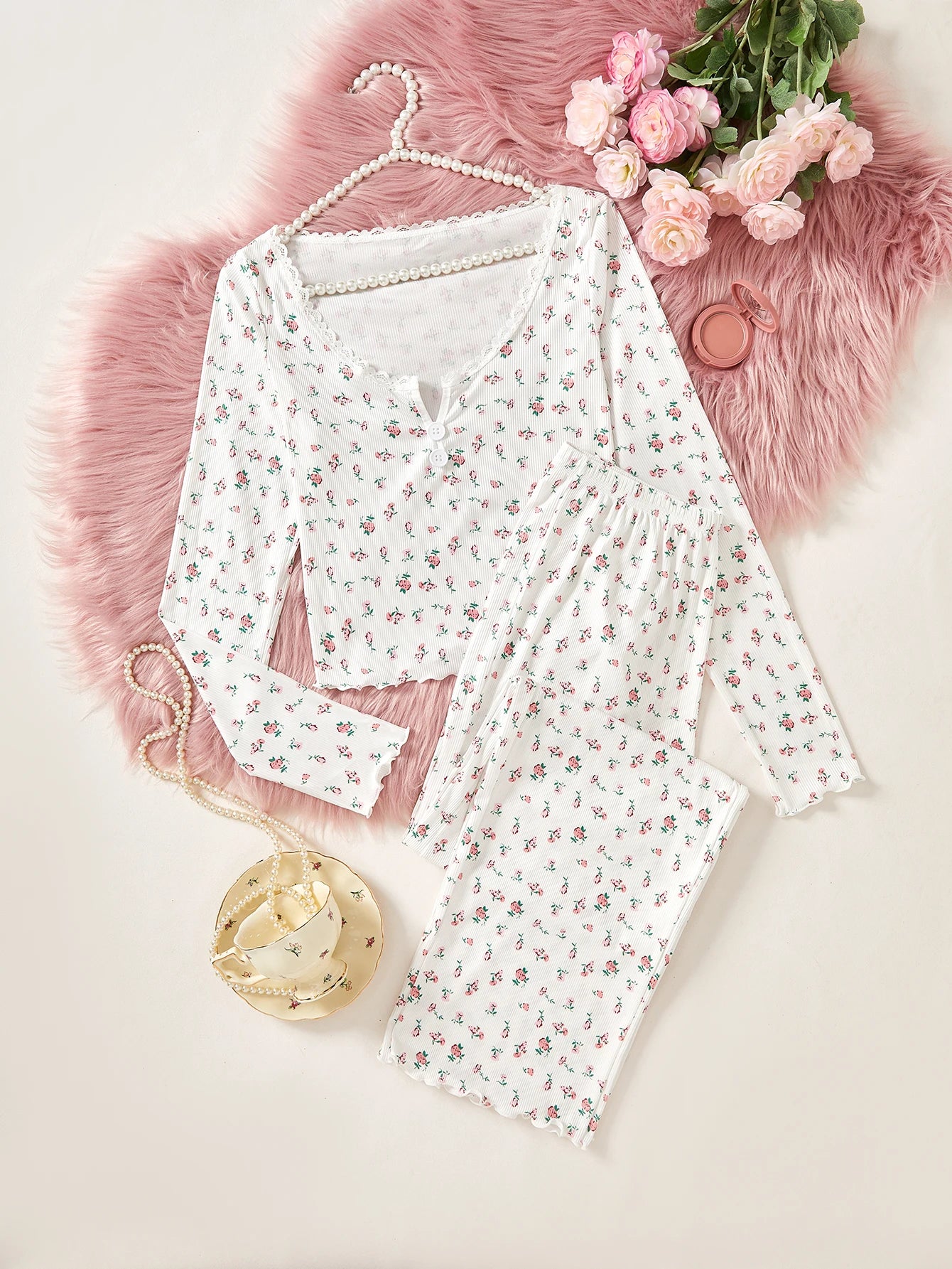 Women's Sleepwear Ditsy Floral Print Lettuce Trim PaJamas Set Elastic Waistband Loungewear Full Sleeve Nightwear