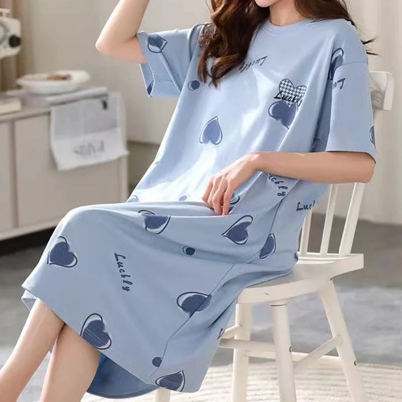 Plus Size Milk Silk Women Nightgowns L-5XL Short Sleeves Sleepshirt Casual Nightdress Cartoon Sleepwear Woman Leisure Lingerie