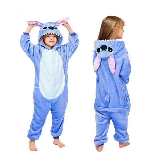 Disney Stitch Pajamas Cartoon Winter Warm Cosplay Stitch Plush Pajamas Home Clothes Set Boys Girls Birthday Christmas Gifts