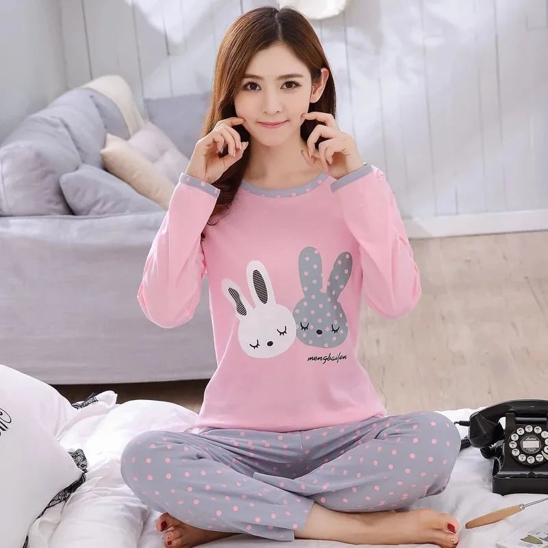 Spring Thin 2pieces Pyjamas Set Women Tops 2024 Cotton Round Neck Girls Pajamas Sets Teacup Cat Sleepwear Clothes Pijamas Mujer