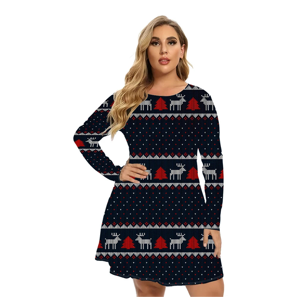 Women Christmas Clothing Long Sleeve Christmas Snowflake Print O-Neck Mini Dress Autumn Winter Casual Loose Plus Size Dress 9XL