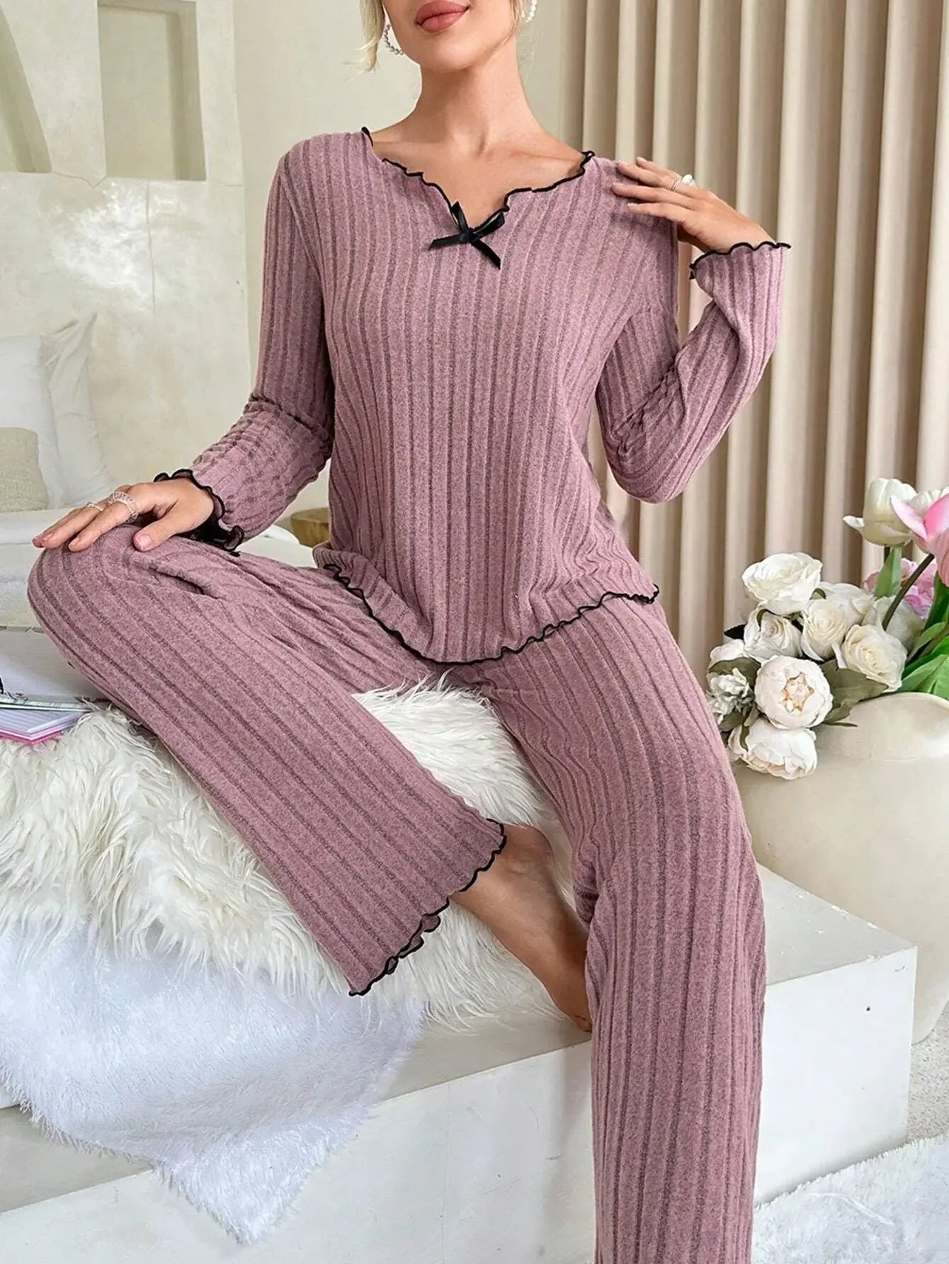 Women Autumn Winter Sleepwear Ribbed Pajamas Set Long Sleeve Top and Long Pants 2 Piece Set Casual Homewear Loungewear