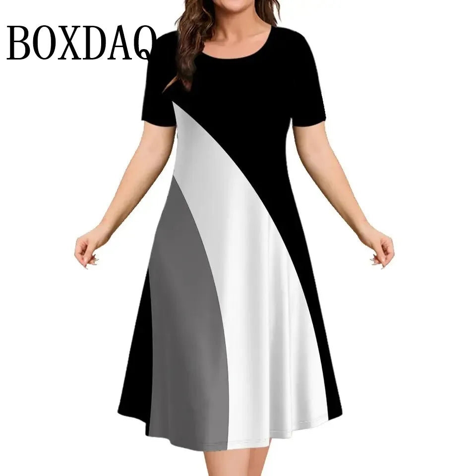 Women's Dresses Contrast Colors Striped Elegant Casual O-Neck Short Sleeve Fashion Dresses Summer Women's Plus Size Clothing 9XL