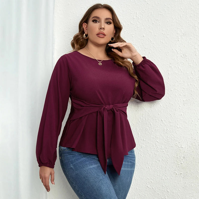 Della Mel Plus Size Women Clothing O-Neck Solid Tops Fashion Elegant Long Sleeve Office Female Casual Large Size Lady Blouses