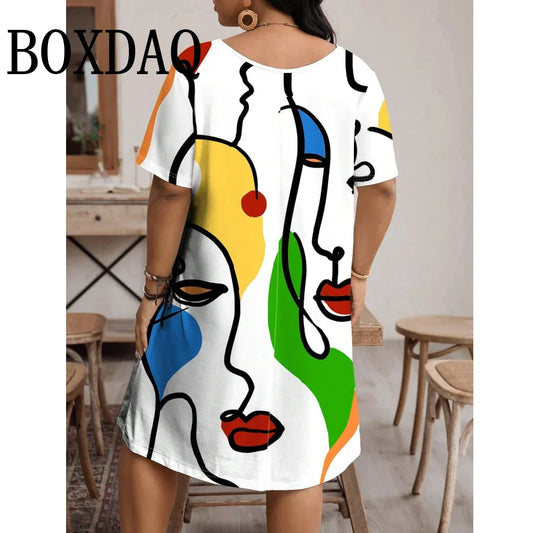 Fashion Women Clothing Artistic Face Line 3D Print Dresses Summer Loose Plus Size Dresses Casual Short Sleeve A-Line Dresses 9XL