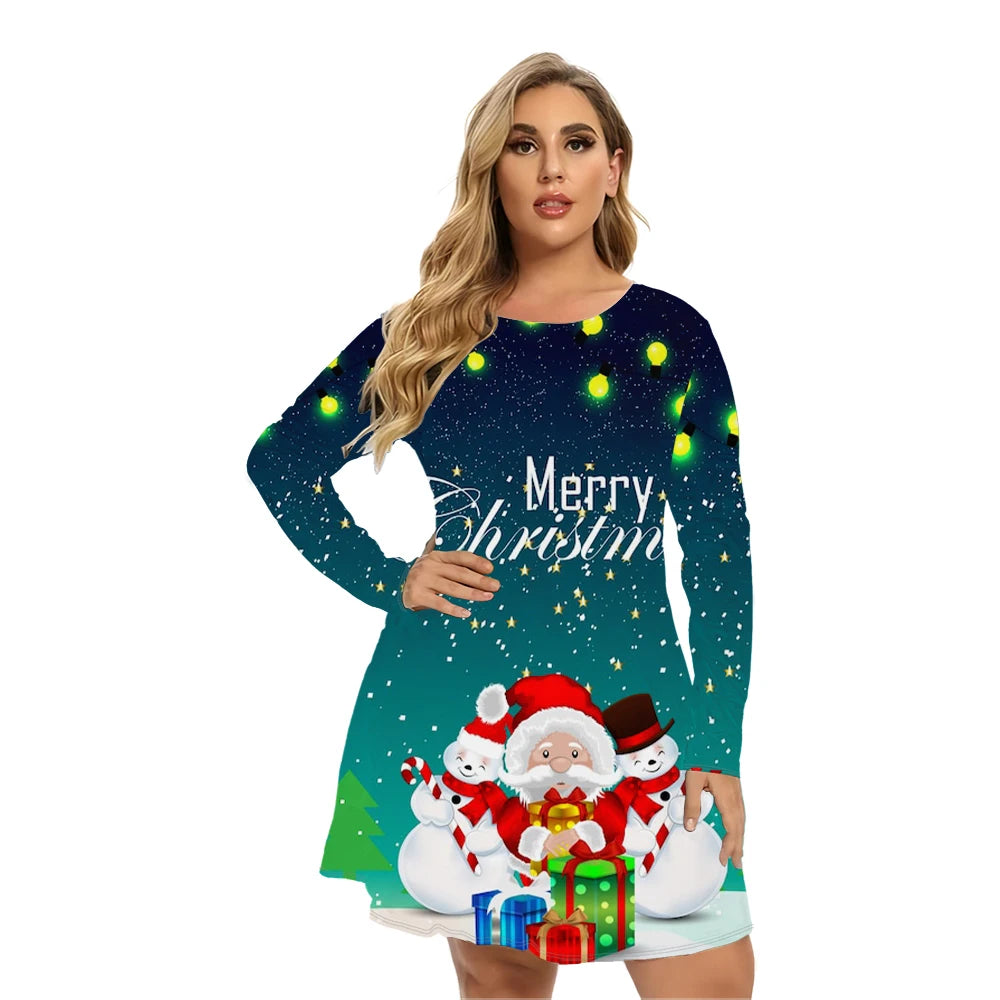 Christmas Tree Party Women Dresses For Winter 2024 Long Sleeve Cartoon Cute Funny Pattern 3D Print Dress 9XL Plus Size Clothing