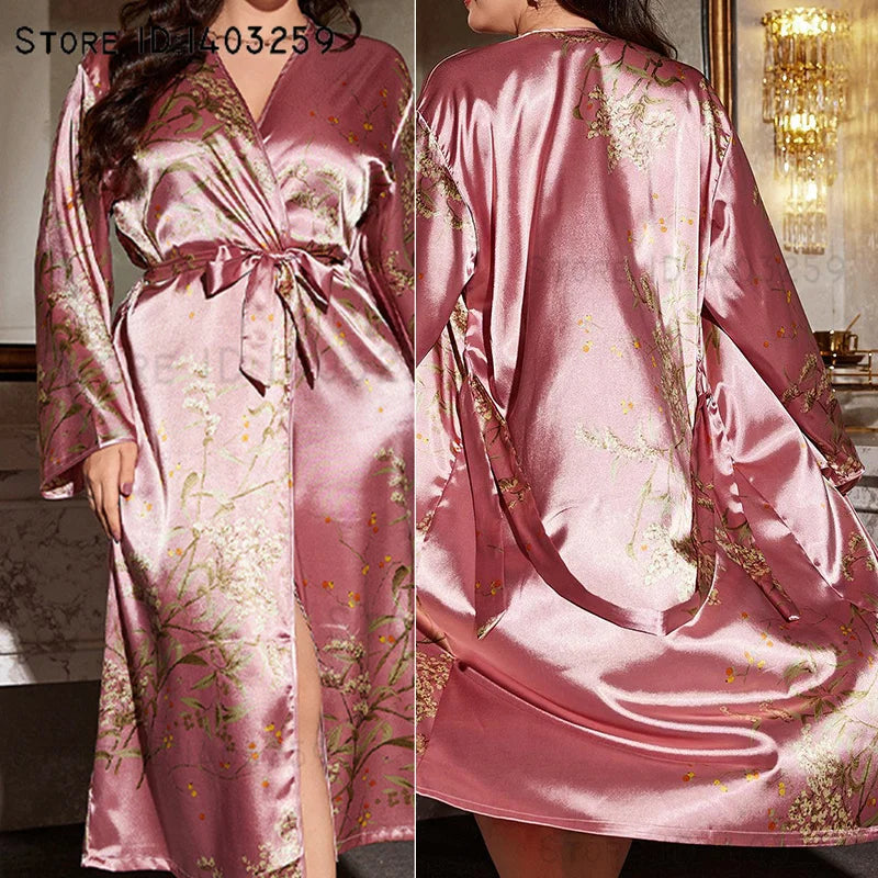 Plus Size Female 2PCS Long Robe Nightgown Set Print Flower Kimono Bathrobe Gown Casual Satin Sleepwear Home Clothing 3XL 4XL 5XL