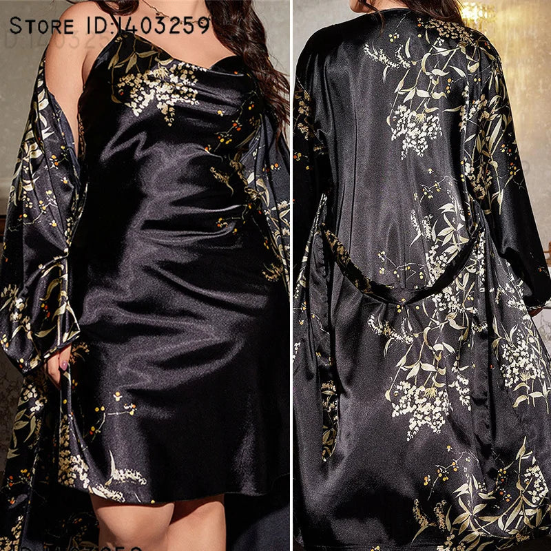 Plus Size Female 2PCS Long Robe Nightgown Set Print Flower Kimono Bathrobe Gown Casual Satin Sleepwear Home Clothing 3XL 4XL 5XL