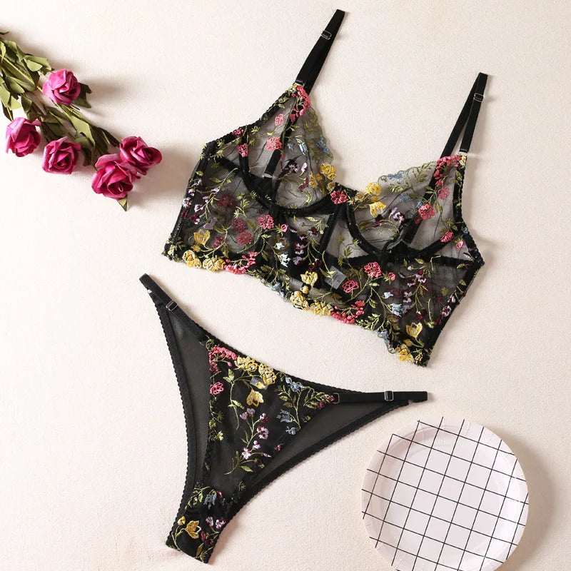 2024 Floral Embroidery Exotic Apparel Suit with Fishbone Steel Ring Women Solid Tank Top Strap Bra Triangle Panty Underwear Set