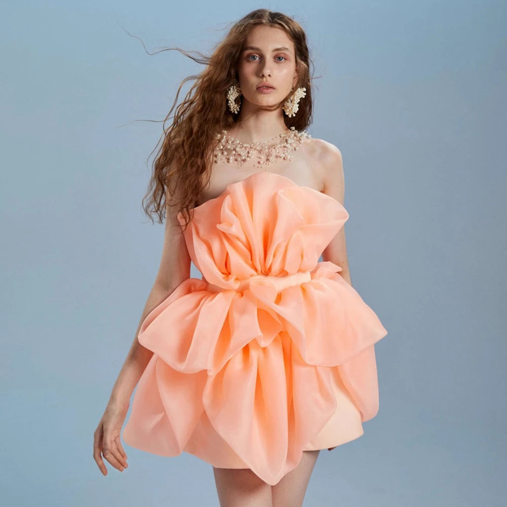 Strapless Coral Pink Chiffon Mini Party Dress Layered Women Clothes Sweet Baby Prom Dresses Custom Made Pretty Gown Plus Size