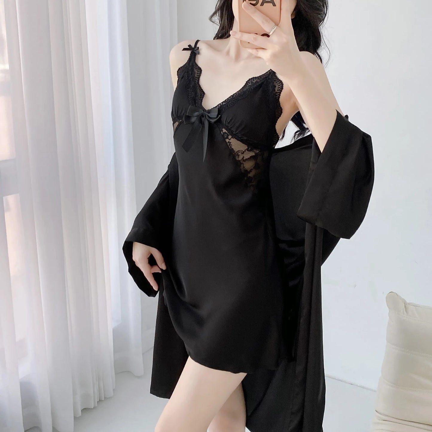 Robe Chemise Bow Applique Nightgown Women Satin Sleepwear Two Pieces Sleep Set Summer V-Neck Nightwear Lounge Intimate Lingerie